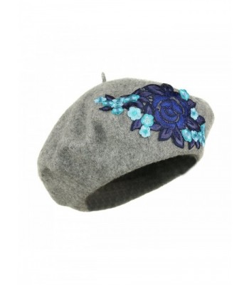 Vintage Rose Applique Beret- Warm 100% Wool Retro Cap with Floral Patch - Grey - CZ12N2FA8SA