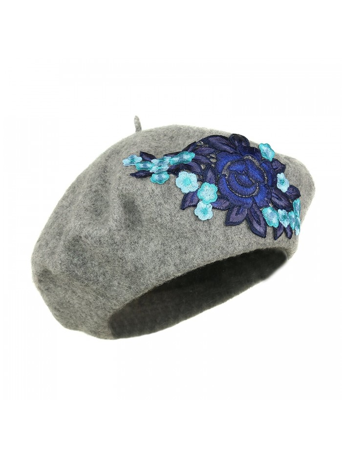 Vintage Rose Applique Beret- Warm 100% Wool Retro Cap with Floral Patch - Grey - CZ12N2FA8SA