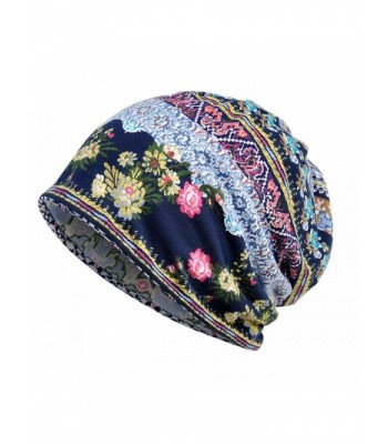 Parkside wind Womens Soft Cotton Boho Ethnic Flower Print Stripe Slouch Beanie Infinity Scarf (Blue) - C518742TA27