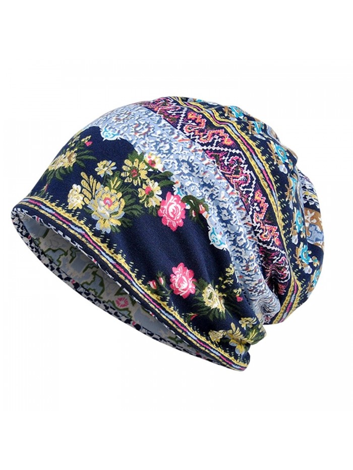 Parkside wind Womens Soft Cotton Boho Ethnic Flower Print Stripe Slouch Beanie Infinity Scarf (Blue) - C518742TA27