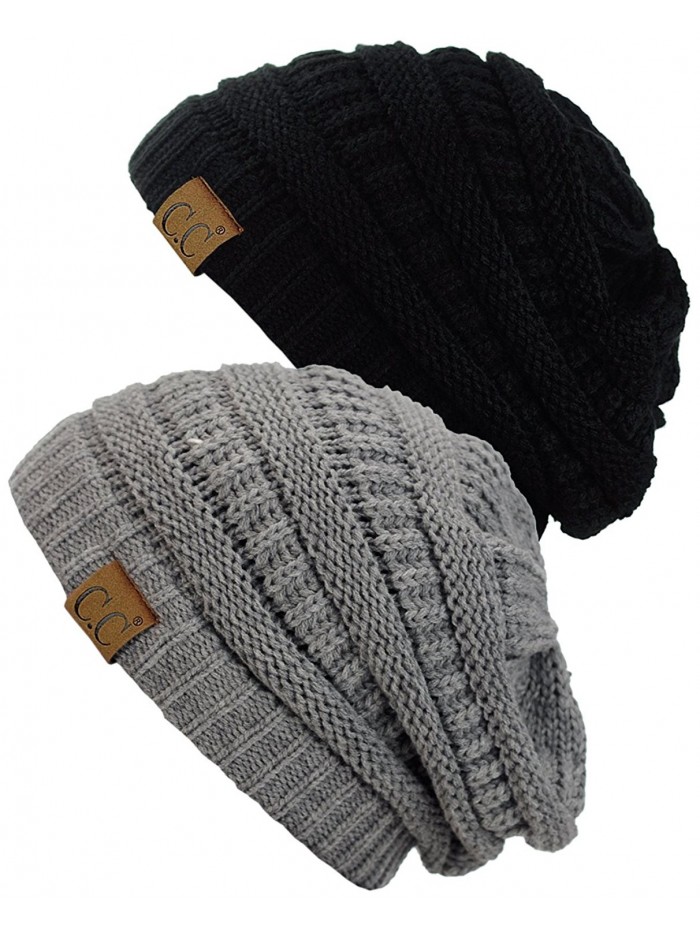 C.C Trendy Warm Chunky Soft Stretch Cable Knit Beanie Skully- 2 Pack - Beige/Dark Olive - C5185UKAK05