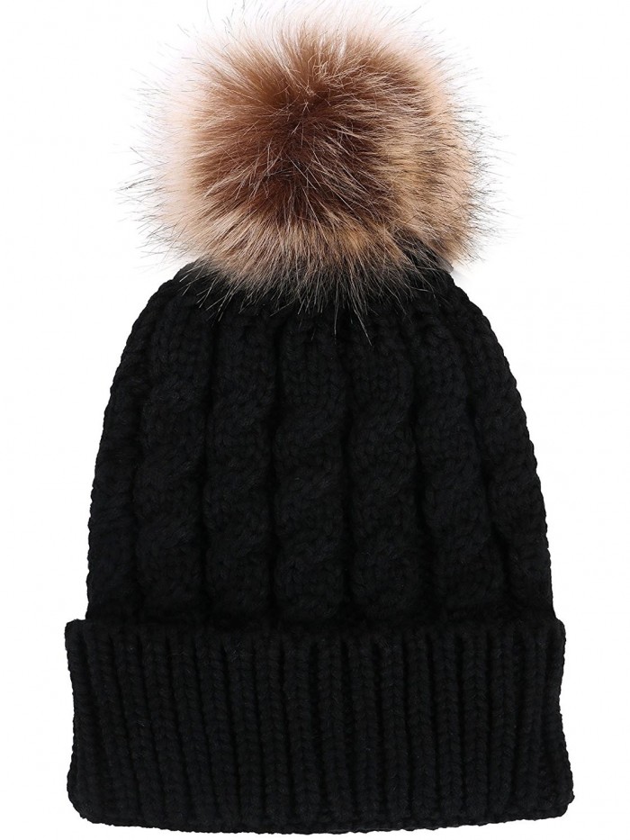 Winter Hand Knit Beanie Hat with Faux Fur Pompom - Black - CV12MXRRMKQ
