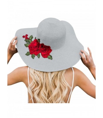 Women Flower Embroidery Foldable Floppy Wide Large Brim Sun Hats - Grey - CL18537TTDO