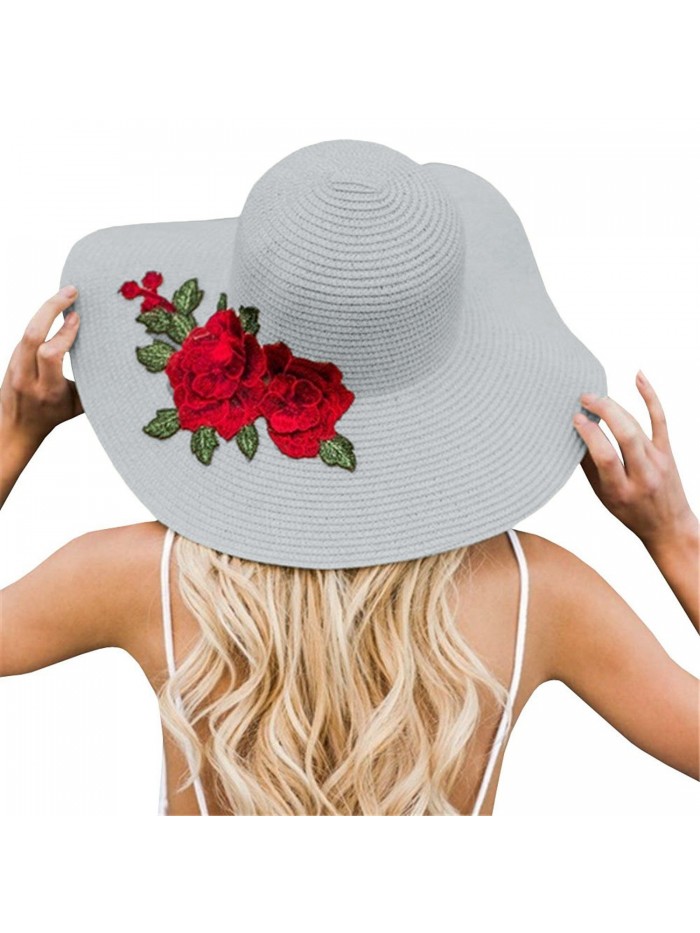 Women Flower Embroidery Foldable Floppy Wide Large Brim Sun Hats - Grey - CL18537TTDO