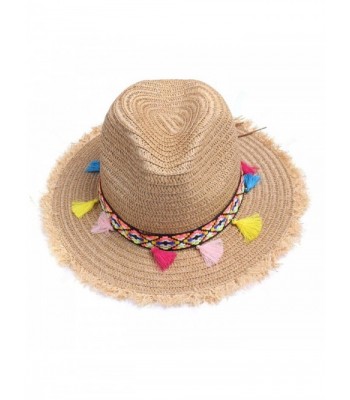 Vankerful colorful Tassels Women's Straw Hat Wide Brim Beach Summer Sun Hat - Hat002-kakhi - CY183QA70TT