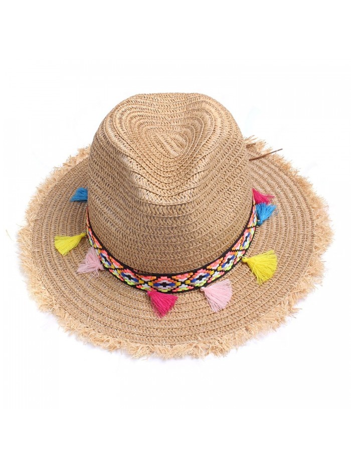 Vankerful colorful Tassels Women's Straw Hat Wide Brim Beach Summer Sun Hat - Hat002-kakhi - CY183QA70TT