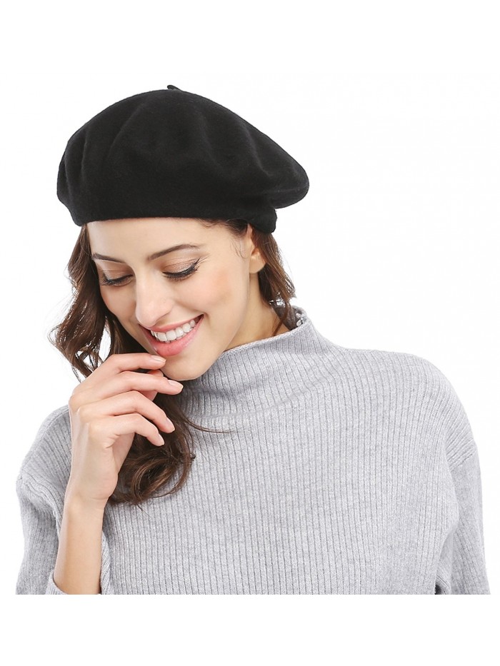 Bellady Women Solid Color French Wool Beret - Black - CC11SWYX8GB