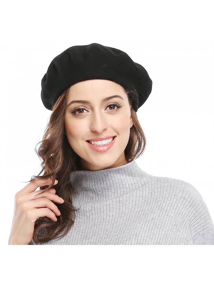 Women Solid Color French Wool Beret - Black - CC11SWYX8GB
