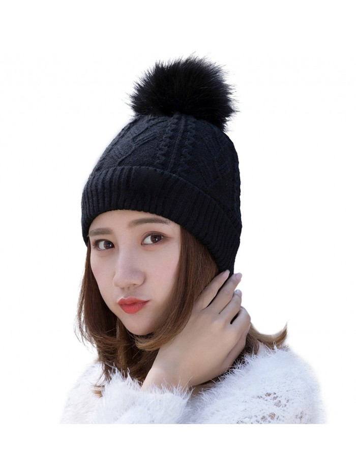 HindaWi Womens Beanie With Pom Pom Winter Hats Knitted Ski Wool Knit Warm Slouch Skull Caps - Black - CE184WN47N5