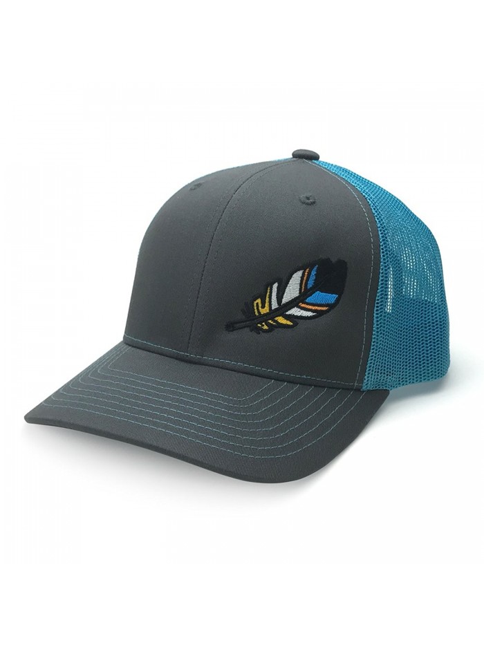 WUE The Outdoors Spirit Feather Trucker Hat - Charcoal/Neon Blue - CJ18703LIE3