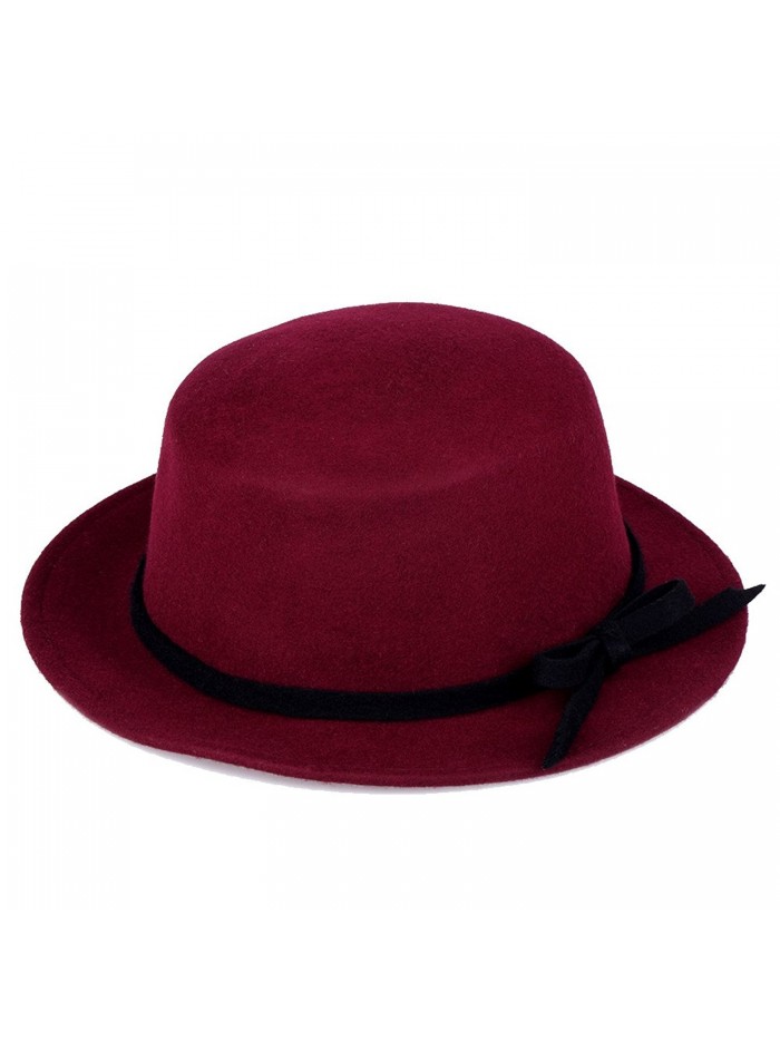 VBIGER Bowler Hat Fedora Woolen Hats Flat Brim Derby Hats For Women - Wine Red - C7125E5SWVV