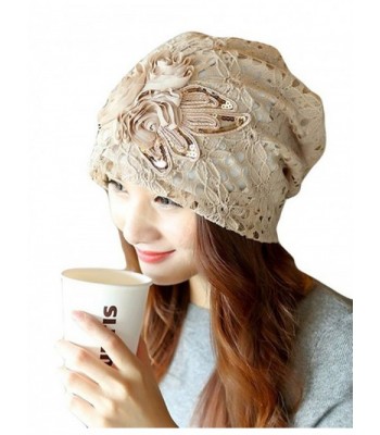 QMY Womens Slouchy Baggy Beanie Lace Flower Beanie Hat Cap Turban - Beige - CP128LIGKG7