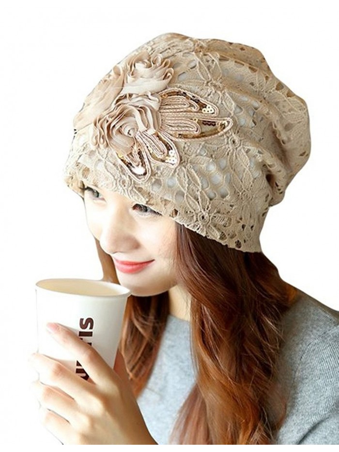 QMY Womens Slouchy Baggy Beanie Lace Flower Beanie Hat Cap Turban - Beige - CP128LIGKG7