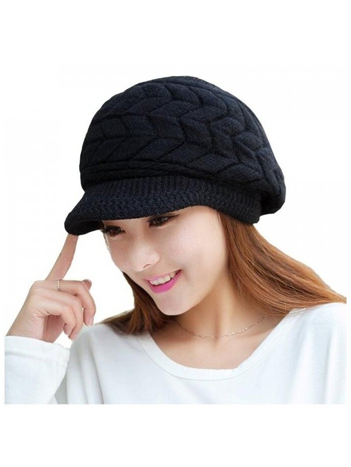 ELINKA Women Winter Warm Knit Hats Caps Wool Snow Ski Cap Beanie Ski Berets Snapback Caps With Visor - Black - CH186OZIOML