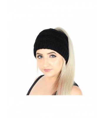Winter Cable Knit Ponytail Beanie Hat- Stretchy Messy Bun Knitted Skull Cap - Black - C0186GOEHYZ