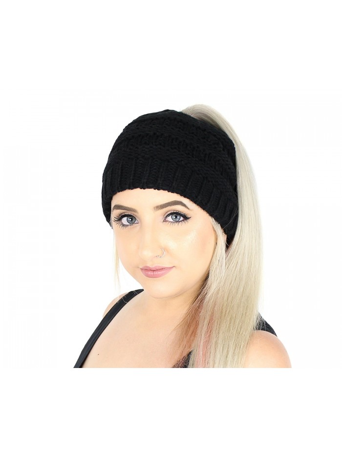 Winter Cable Knit Ponytail Beanie Hat- Stretchy Messy Bun Knitted Skull Cap - Black - C0186GOEHYZ