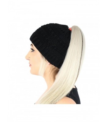 Black Ponytail Beanie Stretchy Knitted