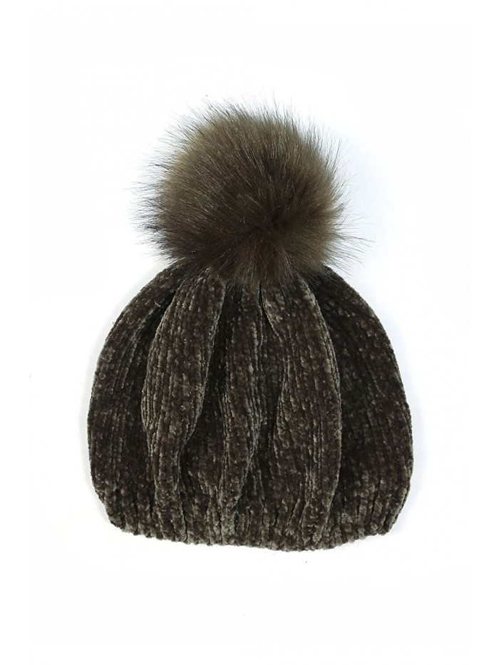 Womens Faux Fur Pom Pom Detail Winter Soft Chenille Beanie SBH-1955 - Olive - C0186AYGH5H