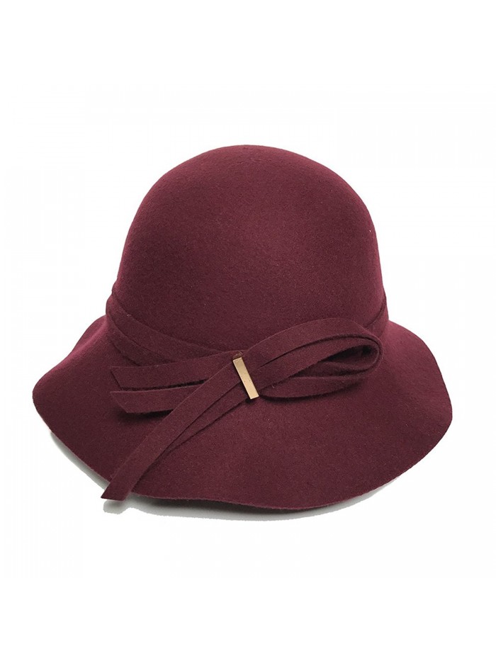 Women's Wide Brim Wool Cloche Hat Winter Hats Grey Black - Burgundy - CV182ZENUYO