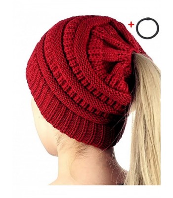 Amandir Womens Ponytail Messy Bun Beanie Hats- Soft Stretch Cable Knit Hat - CC Style - Burgundy - CR1895X50RC