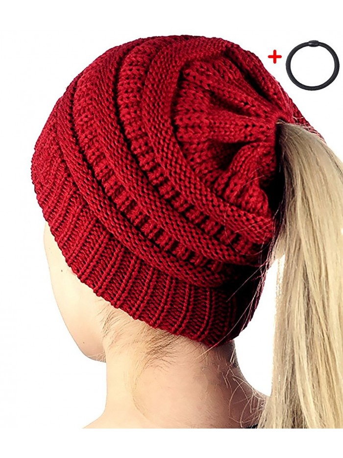 Amandir Womens Ponytail Messy Bun Beanie Hats- Soft Stretch Cable Knit Hat - CC Style - Burgundy - CR1895X50RC