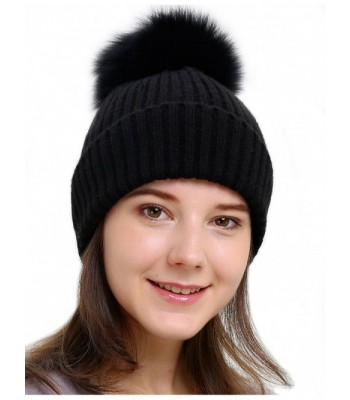 HH HOFNEN Womens Girls Knit Beanies Large Real Fox Fur Pom Pom Winter Hat - Black - C31869CU6HY