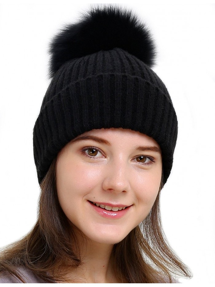 HH HOFNEN Womens Girls Knit Beanies Large Real Fox Fur Pom Pom Winter Hat - Black - C31869CU6HY