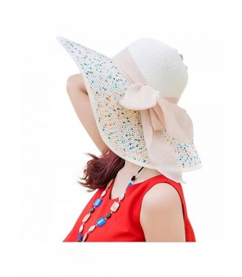 Lanzom Womens Bowknot Straw Hat Floppy Foldable Roll up Sun Hat Beach Cap UPF 50+ - Ivory White - CZ17YCI32N6
