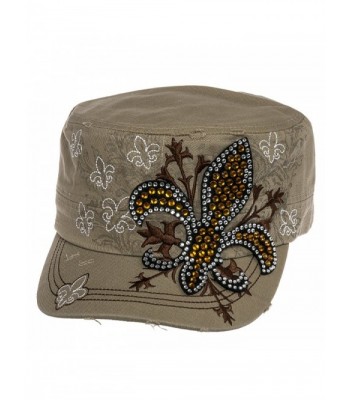 Crystal Case Womens Cotton Rhinestone Fleur de Lis Cadet Cap Hat - Khaki - CV11OHYZ9GH