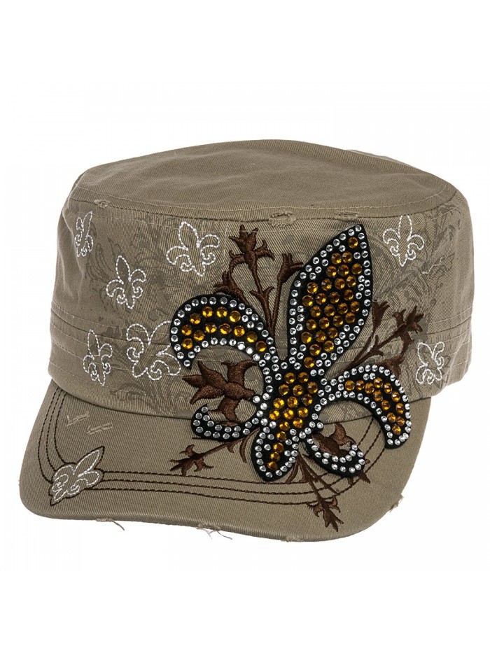 Crystal Case Womens Cotton Rhinestone Fleur de Lis Cadet Cap Hat - Khaki - CV11OHYZ9GH