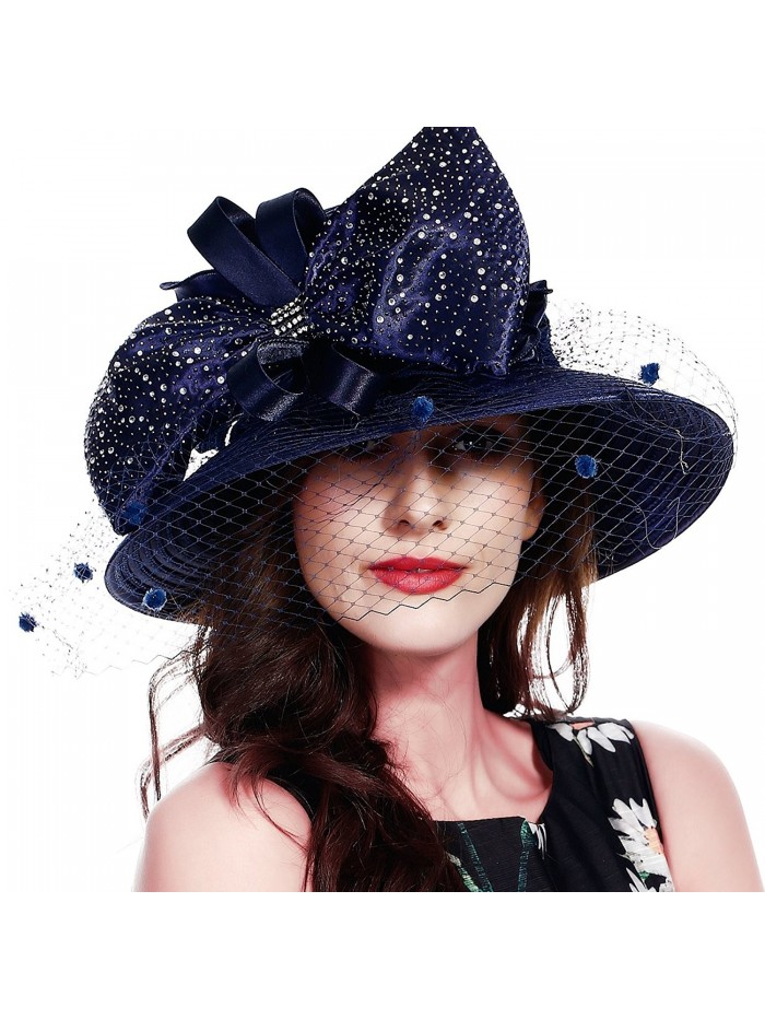 FORBUSITE Stripe Ribbon Asymmetry Church Derby Dress Hat S608 - Sd706-navy Blue - CC18C04DYA2