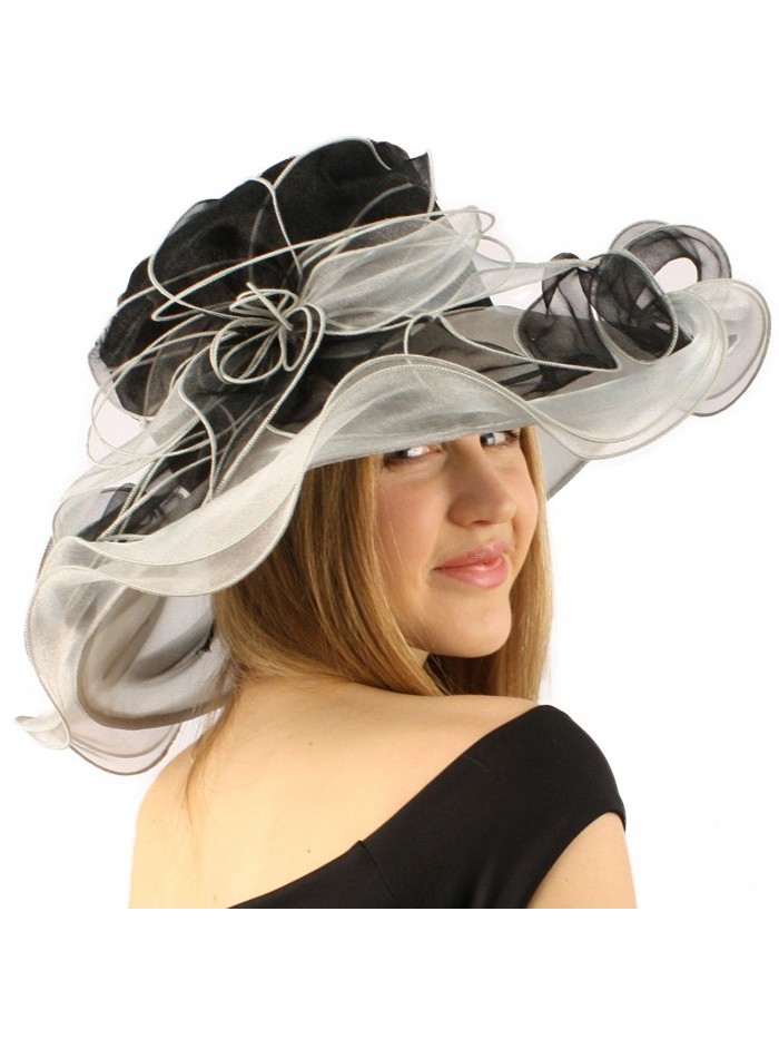 Fancy Kentucky Derby Floppy Ruffle Organza 2 Tone Flower Church Hat - Black - CH11CGWD3NN