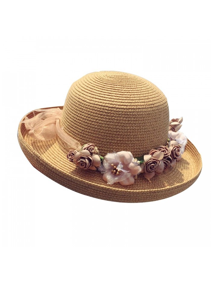 HAPEE Womens Flowers Summer Wide Large Big Brim Sun Hat Floppy Foldable Roll Up - Roundcoffee - C917YIR97U5