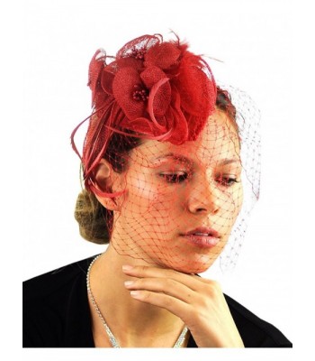 NYFASHION101 Cocktail Fashion Sinamay Fascinator Hat Flower Design & Net F09085 - Red - CY11KPSNLWX