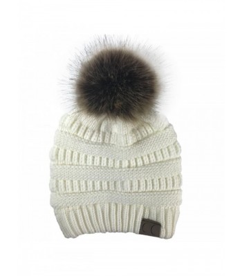 Gagget Womens Winter Warm Wool Knitted Beanie Detachable Fur Ball Caps Faux Fur Pom Hat - White - CQ187AX8WMN