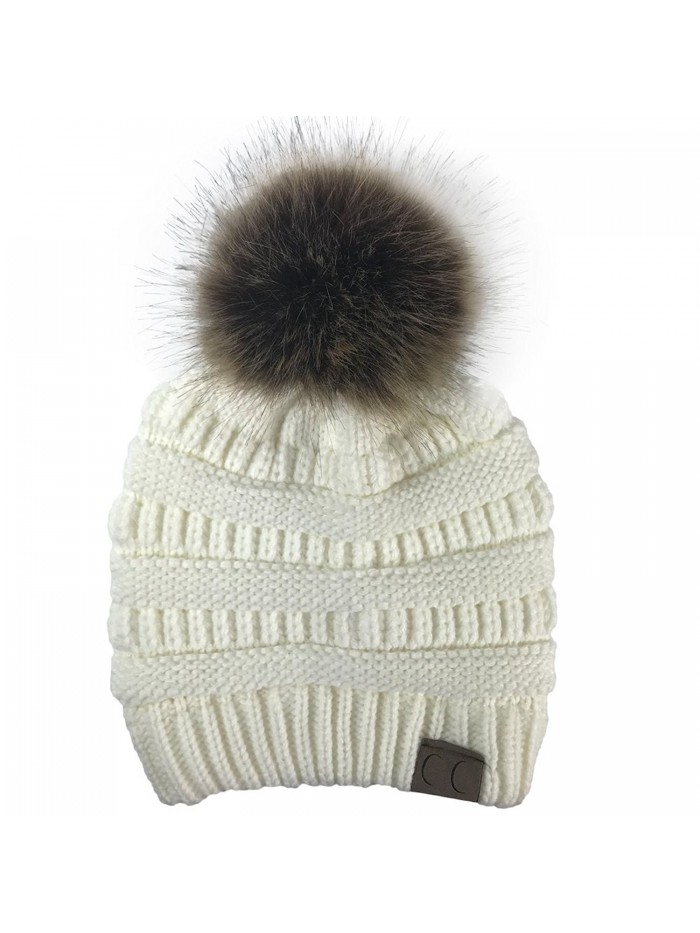 Gagget Womens Winter Warm Wool Knitted Beanie Detachable Fur Ball Caps Faux Fur Pom Hat - White - CQ187AX8WMN