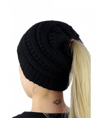 Unisex Chunky Skull Ponytail Beanie Cable Knit Hat 8 Colours - Black - CL186TXQ0QH