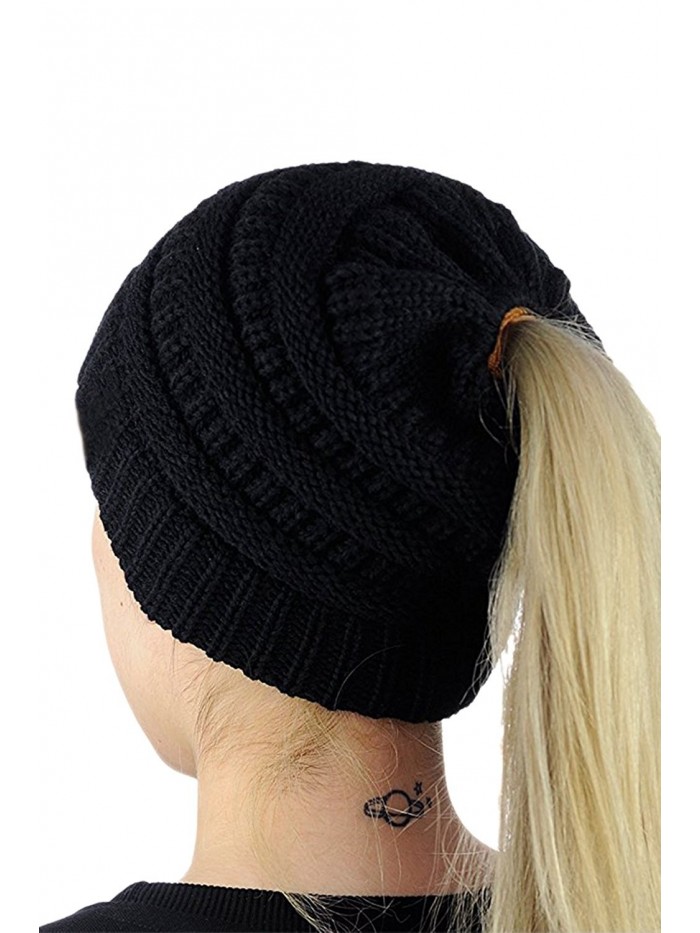 Unisex Chunky Skull Ponytail Beanie Cable Knit Hat 8 Colours - Black - CL186TXQ0QH