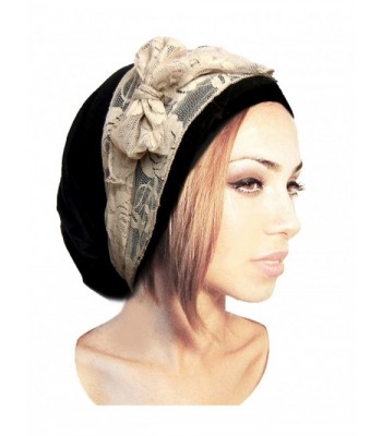 ShariRose Black Pre-Tied Head Scarf Boho Chic Bandana Tichel Vintage Cream Lace Wrap - 076 - CJ11XKXNKSF