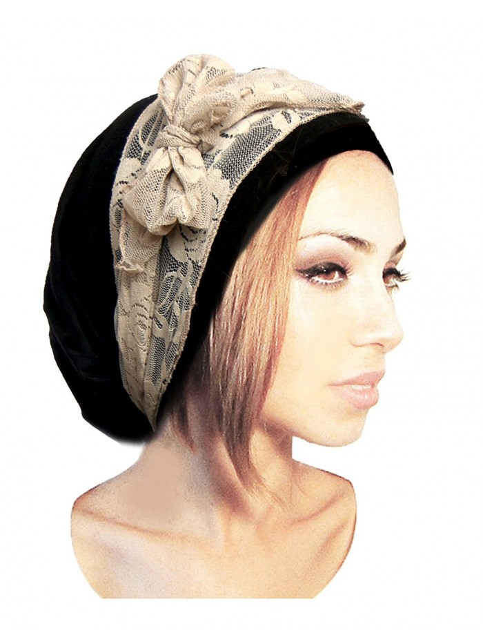 ShariRose Black Pre-Tied Head Scarf Boho Chic Bandana Tichel Vintage Cream Lace Wrap - 076 - CJ11XKXNKSF